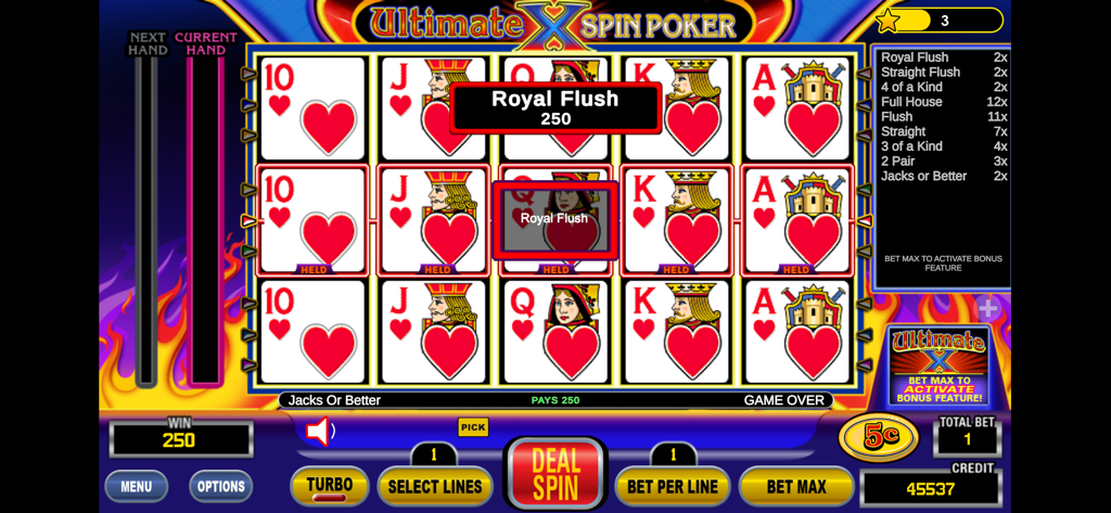 Spin Poker™ - Casino Games - Gameplay screenshot of Ultimate X Spin Poker showing a Royal Flush win with red heart cards