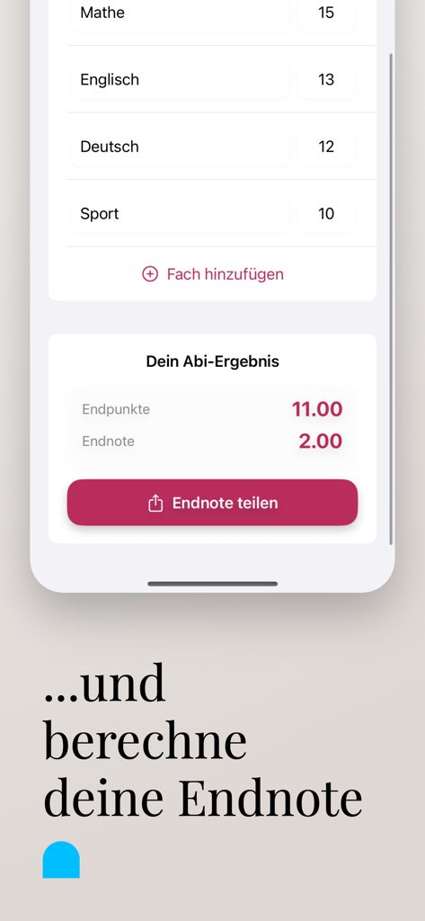 Abi Noten Rechner - Abiturschnitt-Rechner-App-Oberfläche, die berechnete Endnoten und Fachpunkte anzeigt