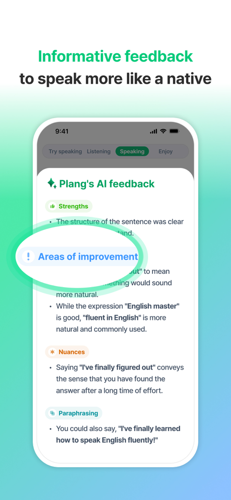 AI feedback screen in the Plang app providing detailed suggestions to improve English speaking fluency and natural expressions.