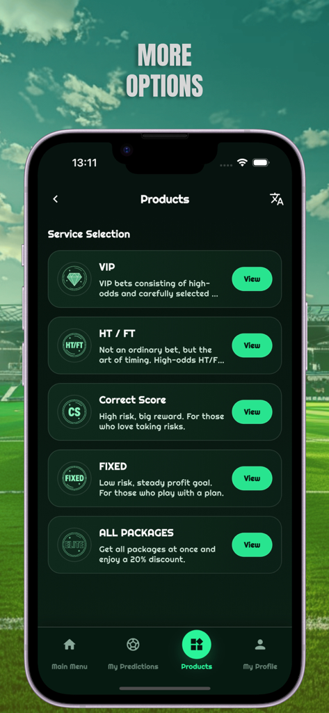 BETTIPS app screen displaying premium betting service options like VIP and Correct Score predictions