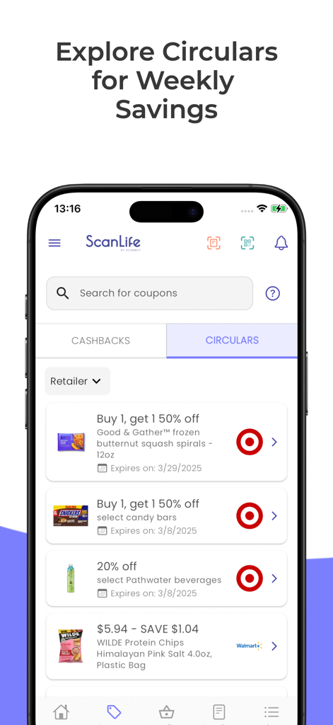 ScanLife PowerShopper app interface showing weekly grocery circulars and product discounts.