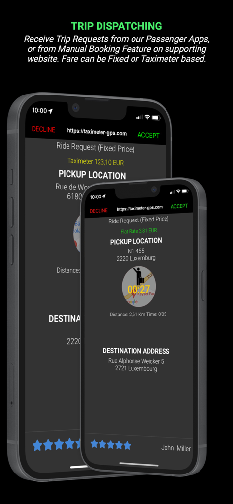 TaxiController Driver - TaxiController Driver app interface showing incoming trip dispatching requests with ride details and fare on iPhone