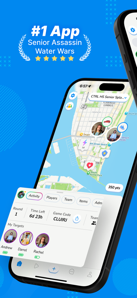 A mobile phone screen showing the Splashin app with a map and target list for a Senior Assassin water war tournament.