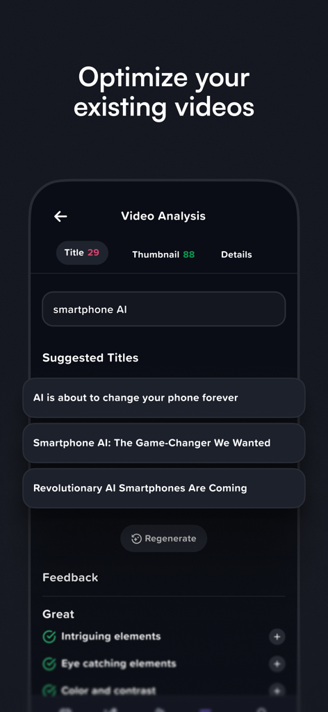 Interface de l'application mobile vidIQ montrant des titres de vidéos suggérés par l'IA et une analyse des miniatures pour les créateurs YouTube