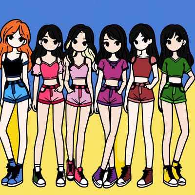 a group of girls wearing crop tops and shorts