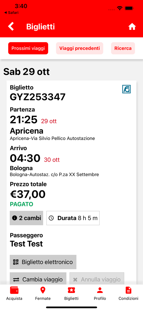 Ferrovie del Gargano - App mobile Ferrovie del Gargano che mostra i dettagli del biglietto digitale per un viaggio da Apricena a Bologna