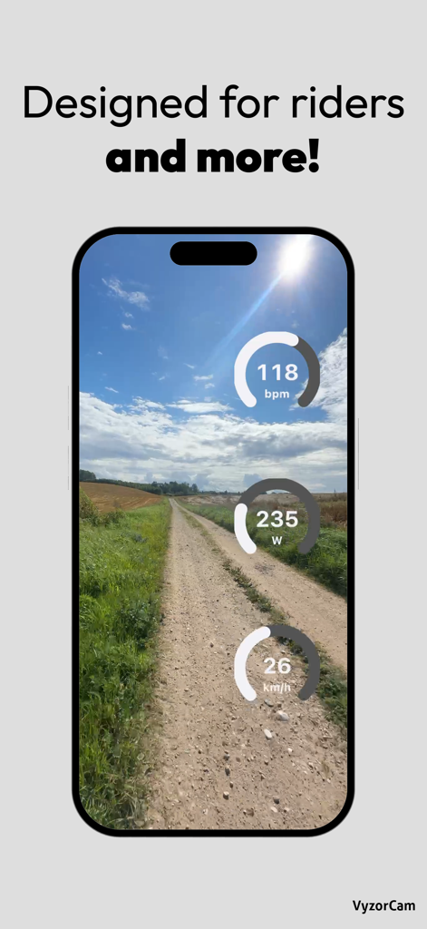 VyzorCam - iPhone screen displaying VyzorCam with real time speed power and heart rate data overlays on a path video
