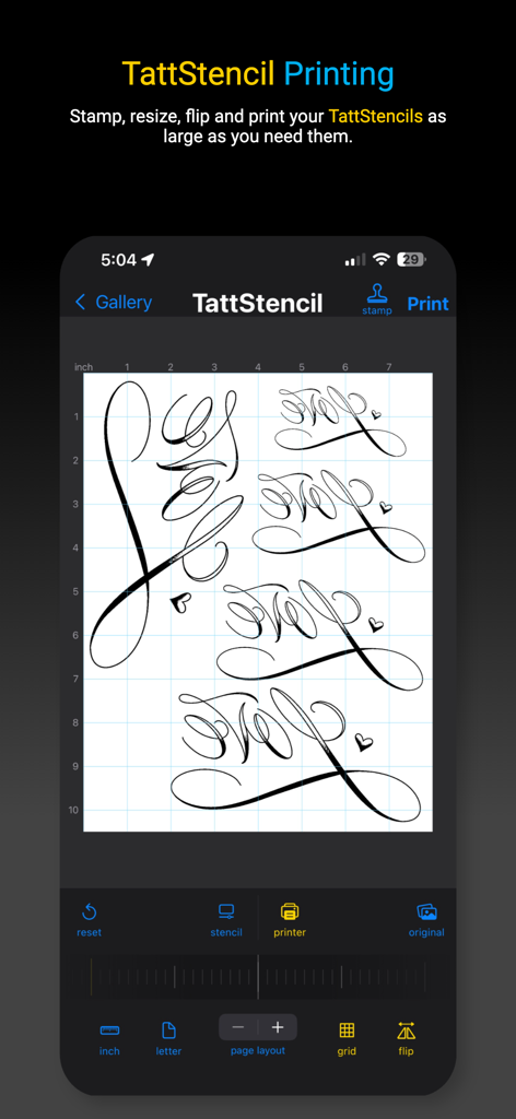TattStencil • Tattoo Stencil - TattStencil app interface showing script tattoo designs on a digital printing grid