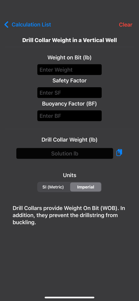 Petroleum Field Calculator - Interface for calculating drill collar weight in a vertical well within the Petroleum Field Calculator app