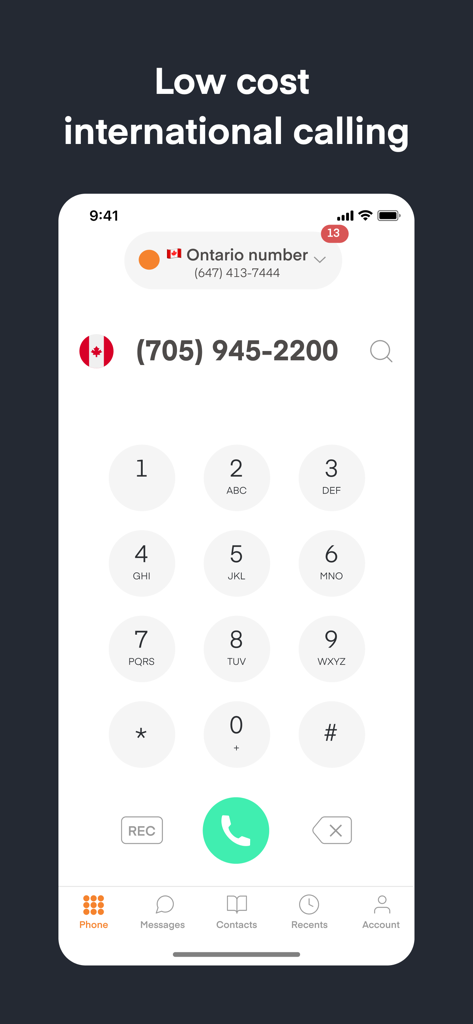 Phoner app dialer screen showing a Canadian phone number and international calling feature.