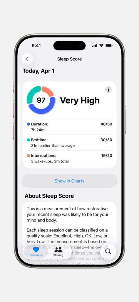 Captura de ecrã da aplicação Apple Health a mostrar uma pontuação de sono elevada com dados de duração e hora de deitar