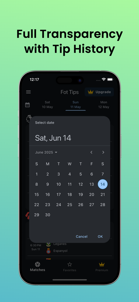 Betting Tips & Odds - FotTips - FotTips app interface showing transparent betting tip history with a date picker calendar