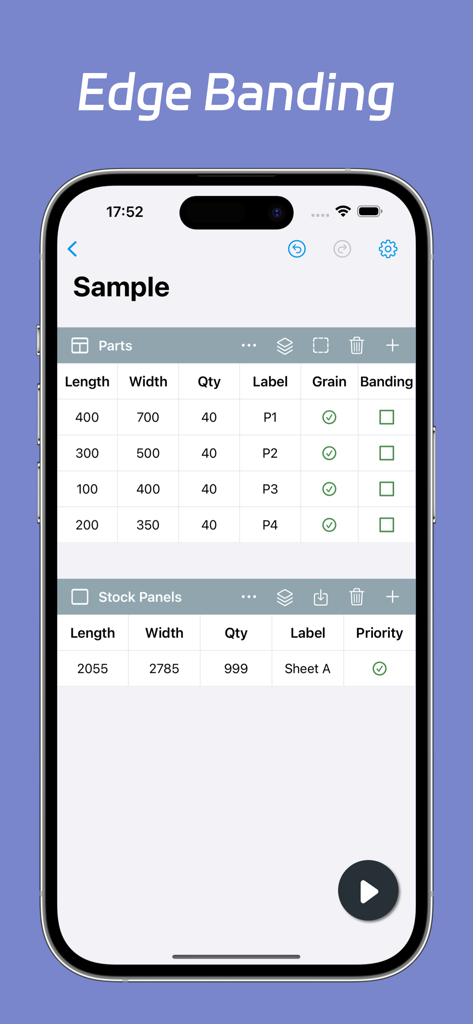 Tela do aplicativo Otimizador de Lista de Cortes mostrando fitas de borda e entrada de dados de peças