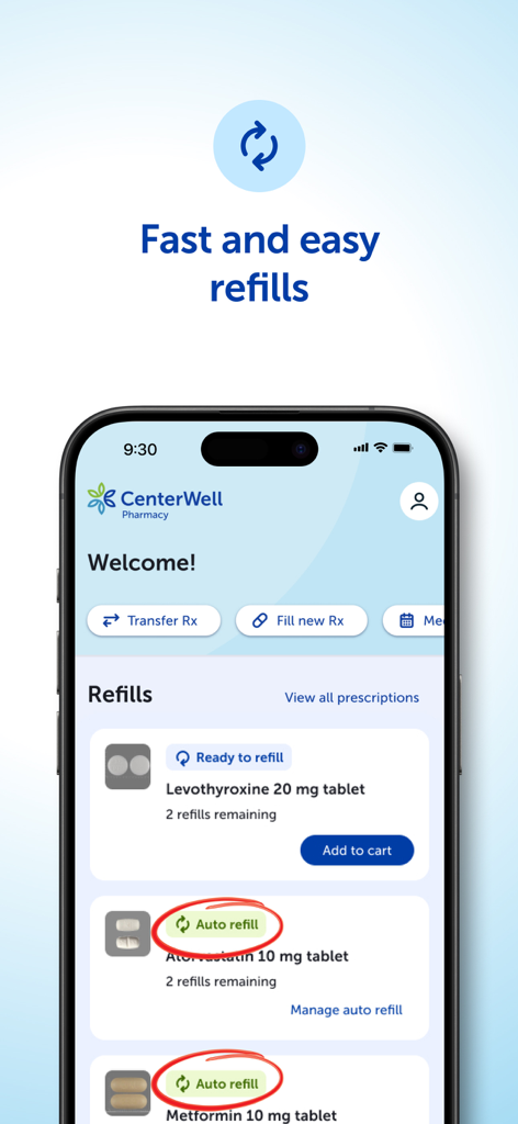 CenterWell Pharmacy - CenterWell Pharmacy의 모바일 앱 인터페이스가 빠르고 쉬운 처방전 리필 및 자동 리필 상태 옵션을 보여줍니다.