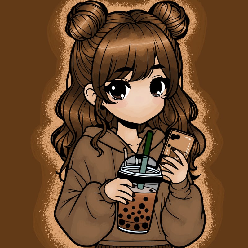 realistic girl with a lphone and boba