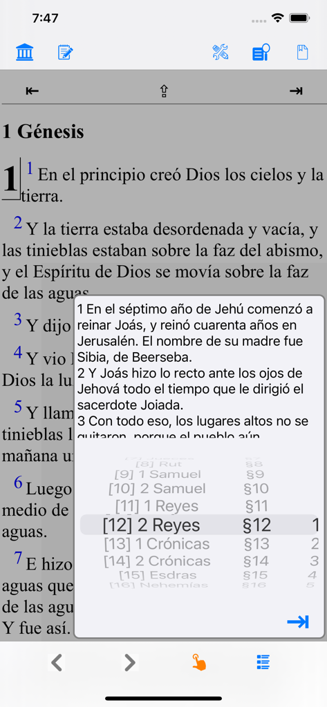 Santa Biblia Ver: Reina Valera - Spanish Bible app screen showing Genesis chapter one and a scripture navigation menu