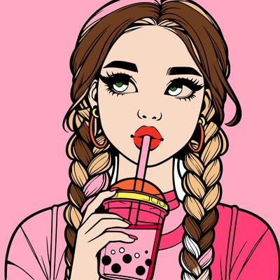 realistic girl with braided hair drinking boba