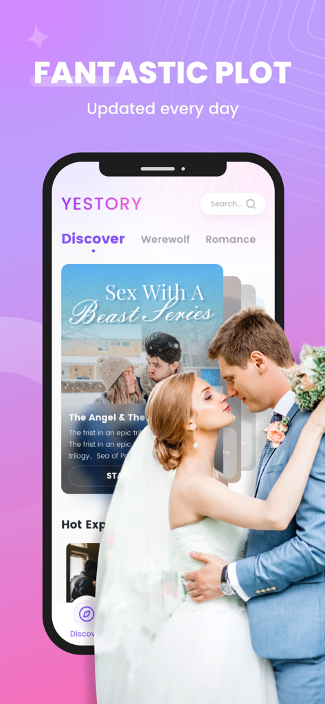 Yestory - Read Books & Booktok - Yestoryアプリのロマンスやウェアウルフのウェブ小説を読むためのインターフェース。結婚するカップルの画像が特徴です