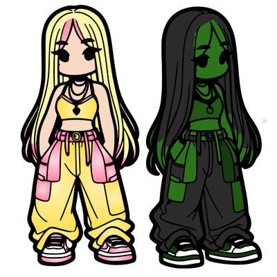 girl in baggy pants crop top and long hair