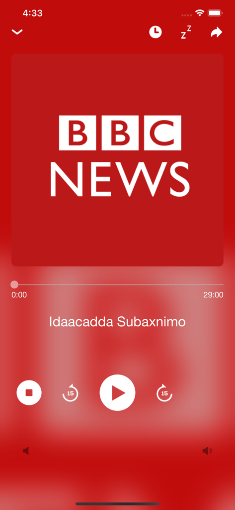 BBC News Somali app audio player interface for Idaacadda Subaxnimo morning radio