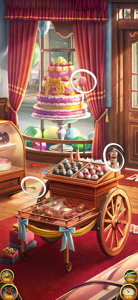 A hidden object game scene featuring a decorative tiered cake and a cupcake cart in a pastry shop.