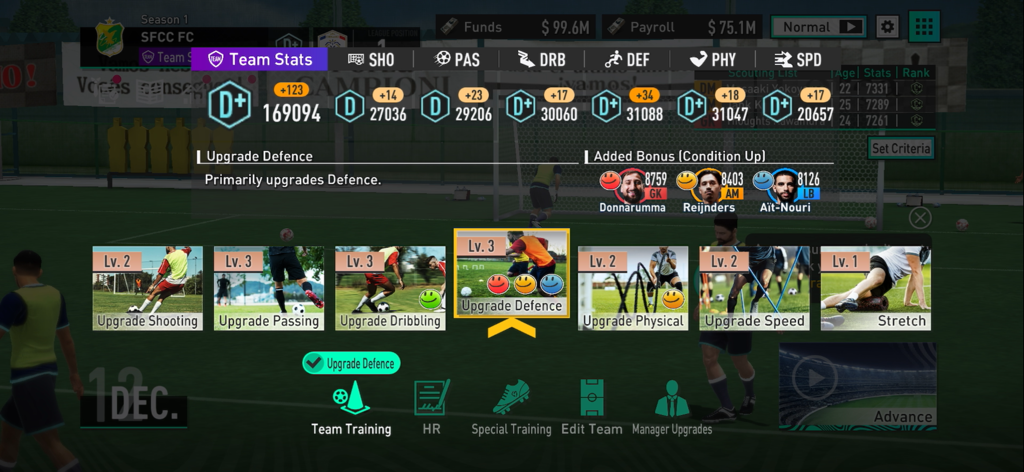 A training menu in SEGA Football Club Champions showing team statistics and options to upgrade shooting passing and defensive skills