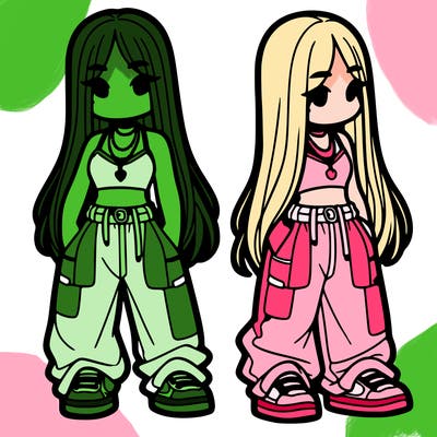 girl in baggy pants crop top and long hair