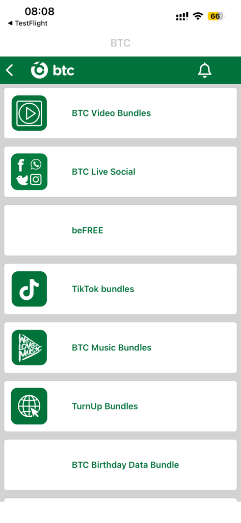 A list of available data bundles on the BTC Mobile App including options for video, social media, and TikTok.