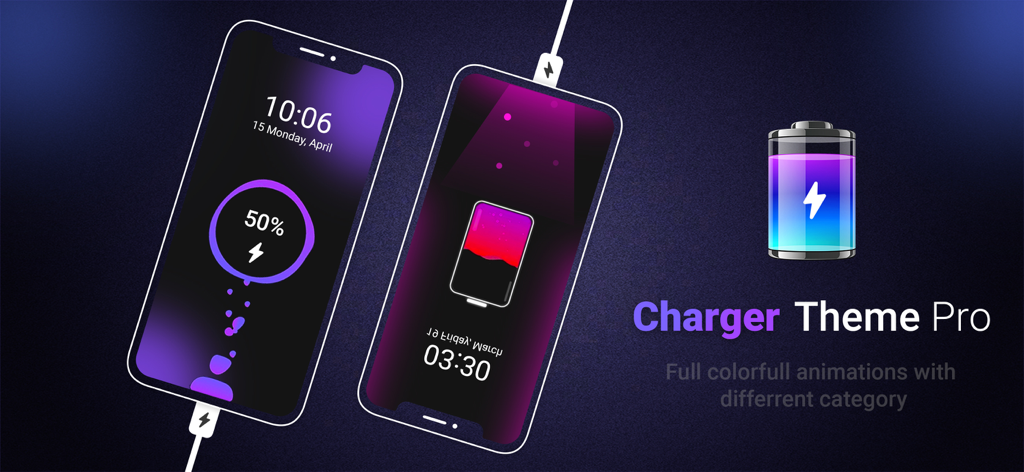 Dos iPhones mostrando animaciones estéticas personalizadas de carga de batería en neón púrpura y rosa