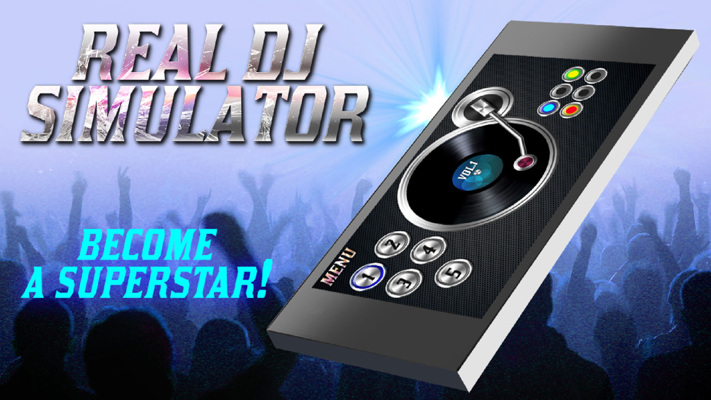 Real DJ Simulator - Real DJ Simulator game screen featuring a virtual turntable and buttons over a silhouette of a cheering crowd