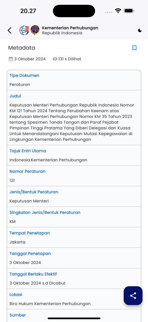 JDIH Kemenhub RI - Metadata view of an Indonesian Ministry of Transportation regulation in the JDIH Kemenhub RI app