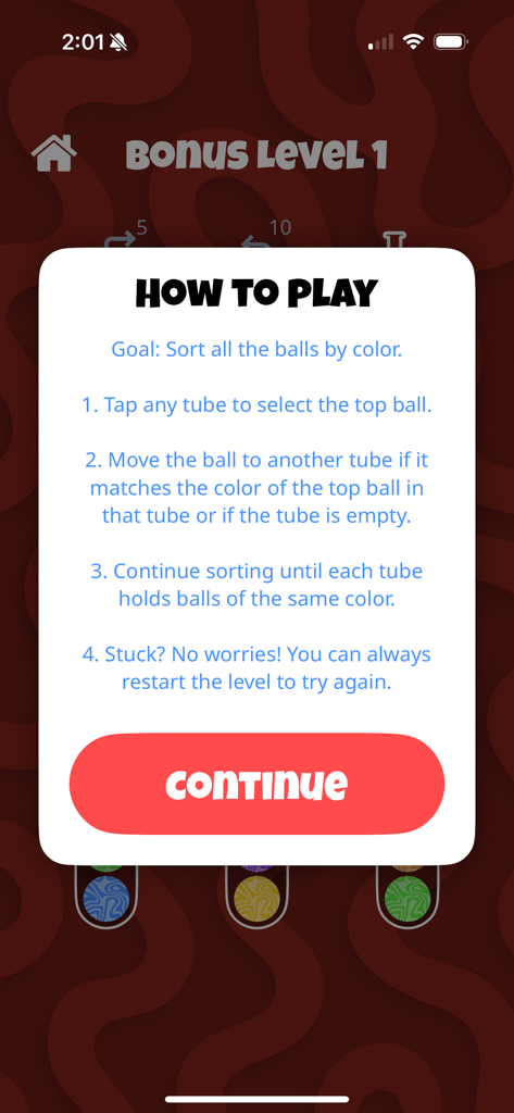 Pantalla de cómo jugar para la aplicación Color Sort Brain Games que muestra instrucciones sobre cómo ordenar bolas de colores