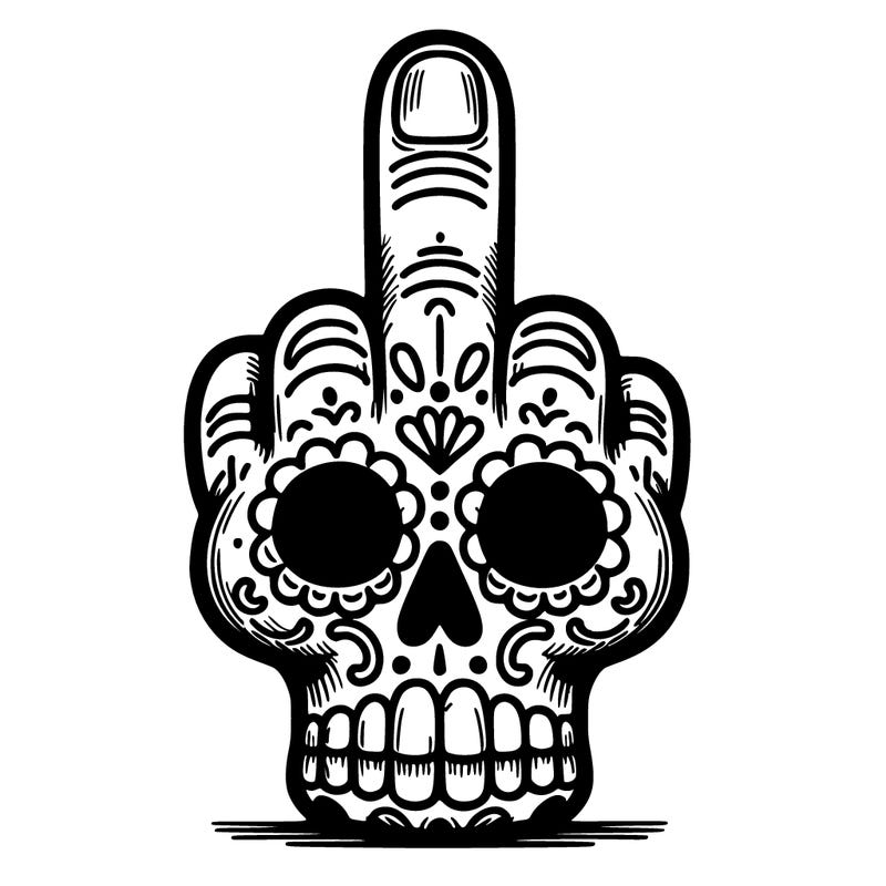 a middle finger in a sugar skull