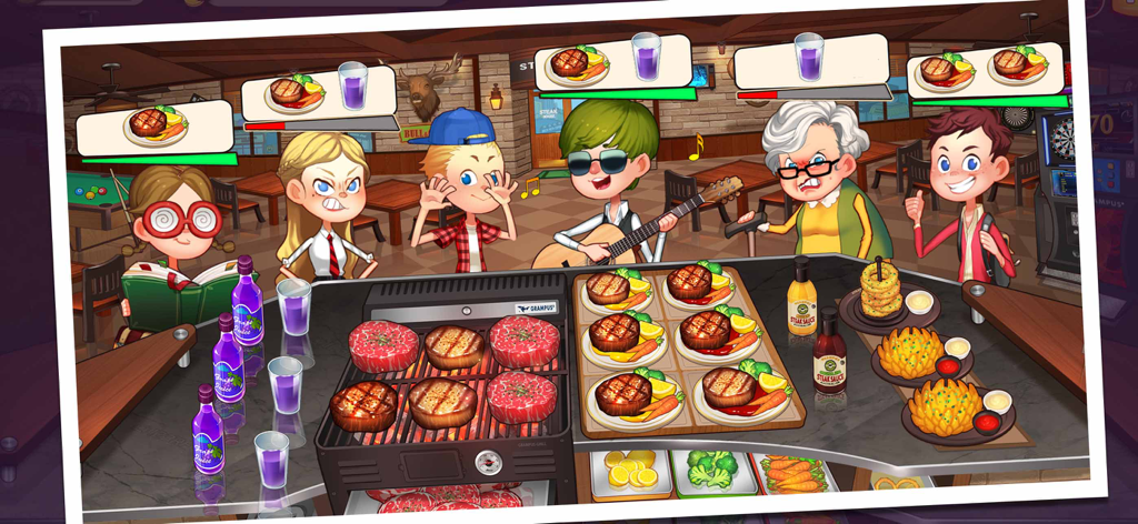 Gameplay of My Little Chef restaurant simulation showing customers ordering steak