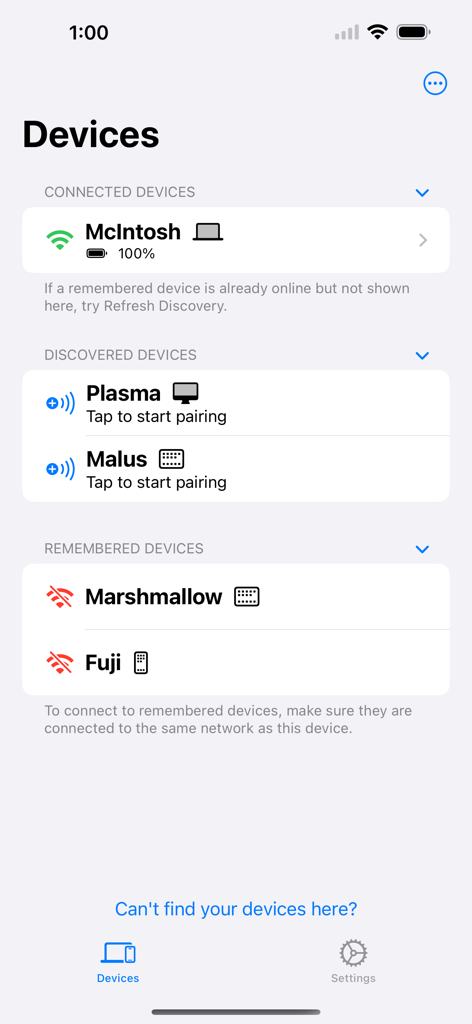 KDE Connect - Application KDE Connect affichant une liste des appareils connectés découverts et mémorisés sur un iPhone