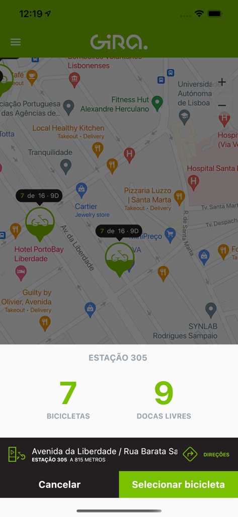 Map view of the Gira app showing bike station availability and selection options in Lisbon