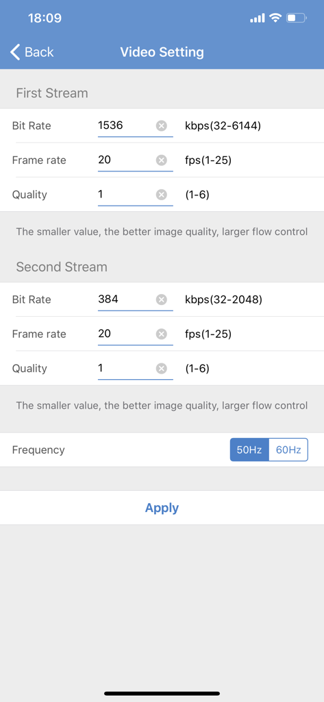 CamHi - Video settings interface in the CamHi app for adjusting bit rate frame rate and quality of camera streams