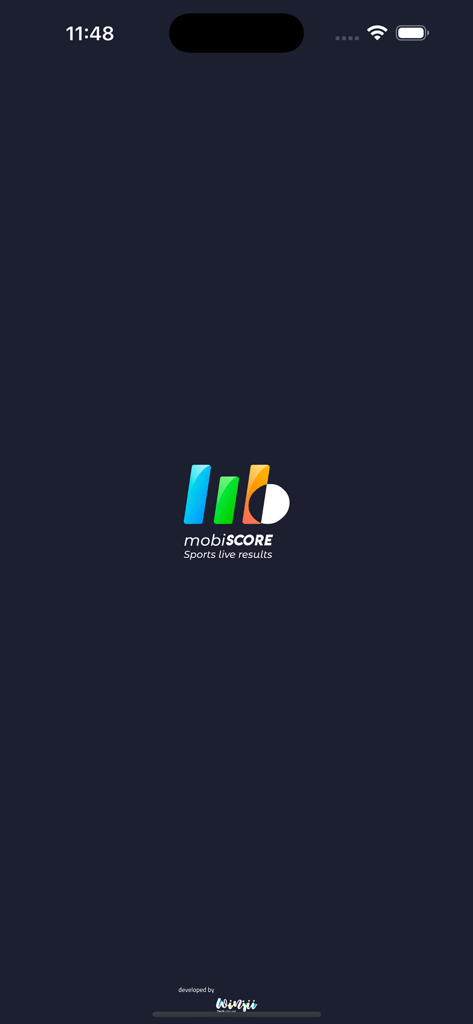 mobiSCORE Today Match Table - mobiSCORE splash screen with logo and sports live results tagline