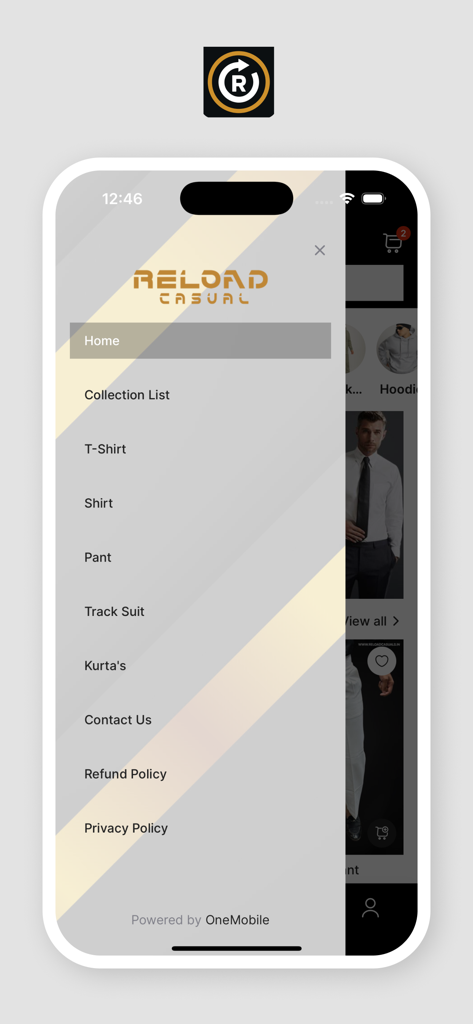 Reload Casual - Side navigation menu of the Reload Casual shopping app showing clothing categories like shirts and pants