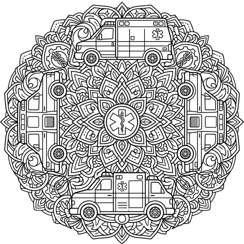 Dive into a unique coloring experience with our intricate Ambulance Mandala. This symmetrical design blends essential emergency vehicles with beautiful radial patterns, offering hours of relaxing and engaging artistic expression.
