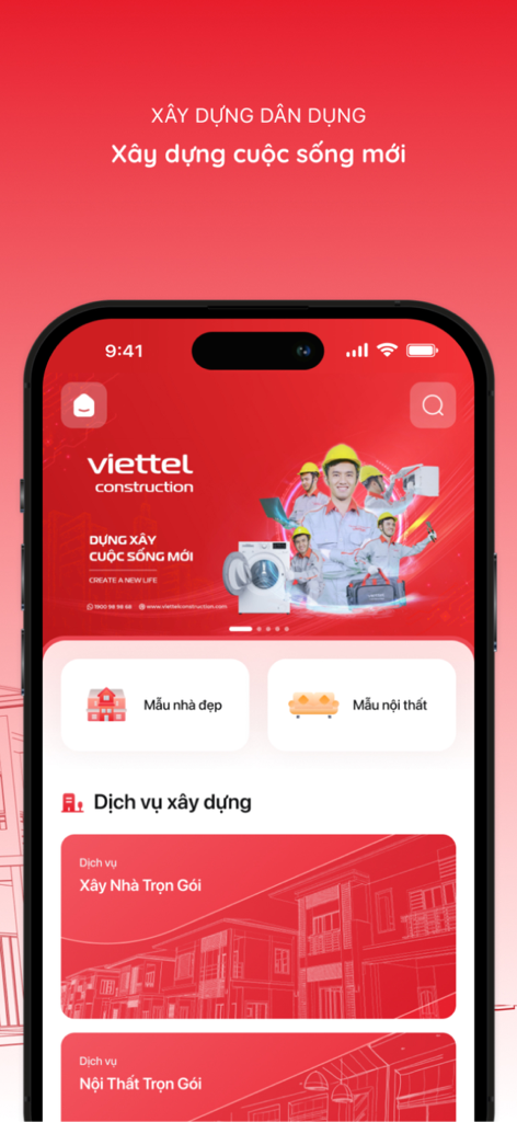 AIO - AIO mobile app interface for Viettel Construction services including home building and interior design