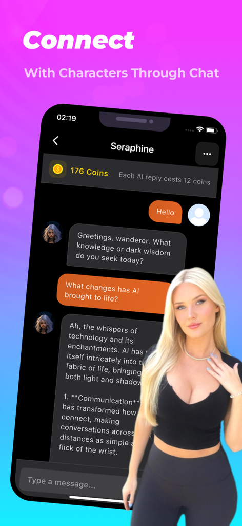 Yumme - Chat & Discover - Una pantalla móvil que muestra la interfaz de la aplicación Yumme con una conversación de chat de IA de fantasía oscura y un avatar de personaje