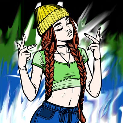 realistic teenage girl with braids and a beanie and crop top doing 🫶🏼