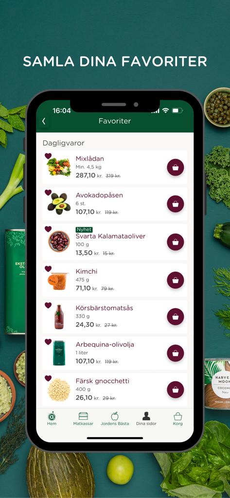 Årstiderna - Ekologisk mat - Mobile app screen showing a list of favorited organic grocery items including fresh produce and pantry staples.