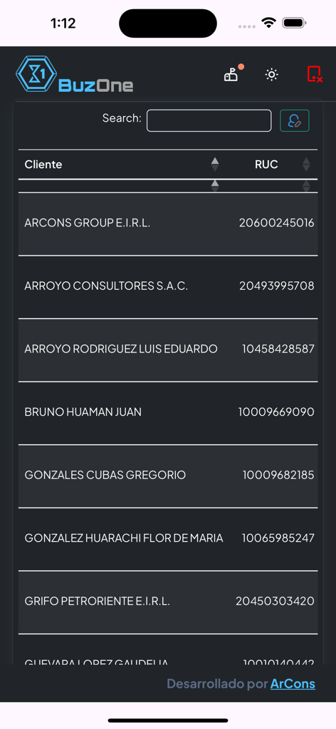 Buzone - Panel de la aplicación móvil Buzone que muestra una lista de clientes profesionales y sus números de identificación fiscal