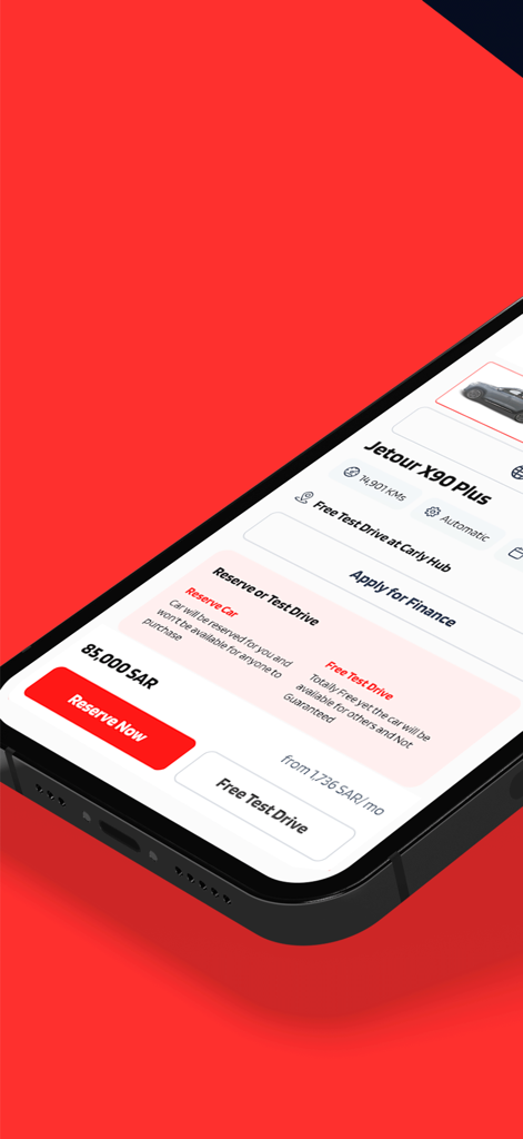 Carly app screen for reserving a used car or booking a free test drive