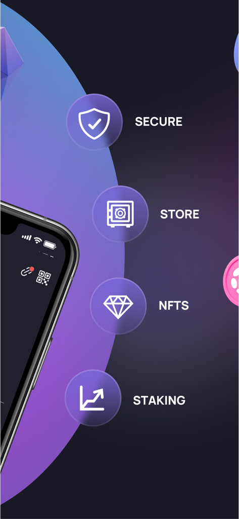 Enjin Wallet app interface showing features for secure storage NFTs and staking