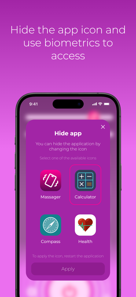 Massager: Strong Vibration! - A mobile app screen showing how to hide the massager app by changing its icon to a calculator or compass for privacy