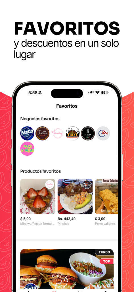 PatiYA - App Delivery - Screenshot of the favorites section in the PatiYA delivery app showing saved restaurants and food products with prices