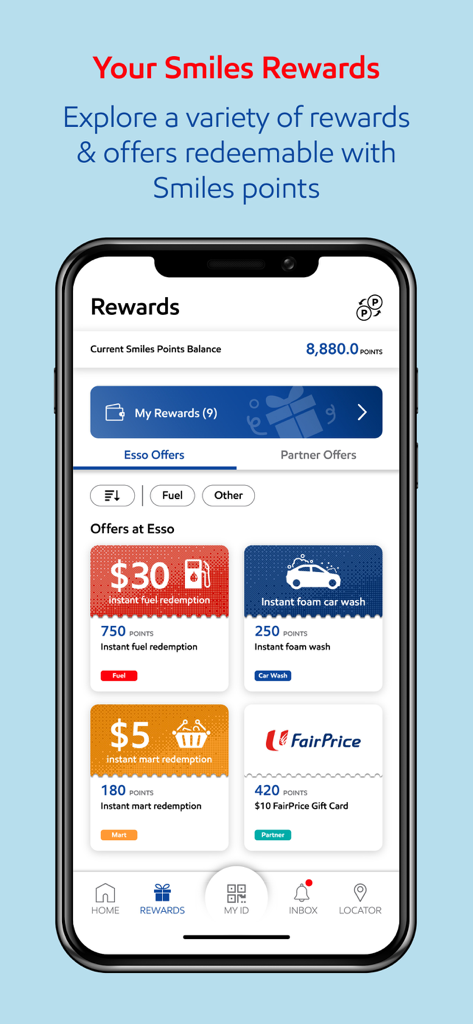 Esso Singapore - Esso Smiles app rewards interface displaying point balance and redemption options for fuel and car washes